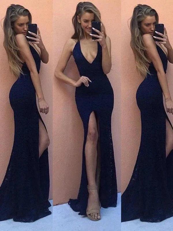 Sheath/Column Sleeveless Lace V-Neck Floor-Length Prom Dresses by misshow.com