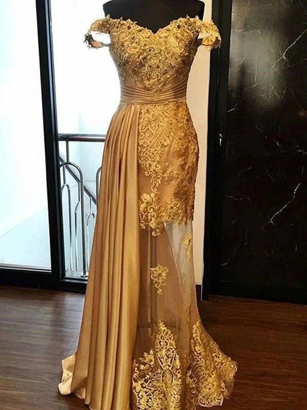 Sheath/Column Sleeveless Off-the-Shoulder Applique Elastic Woven Satin Prom Dresses by misshow.com