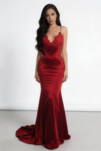 Sheath/Column Sleeveless Spaghetti Straps Applique Silk like Satin Prom Dresses by misshow.com
