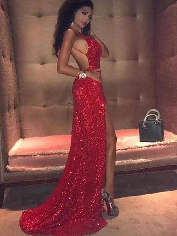Sheath/Column Sleeveless Spaghetti Straps Sequins Prom Dresses by misshow.com
