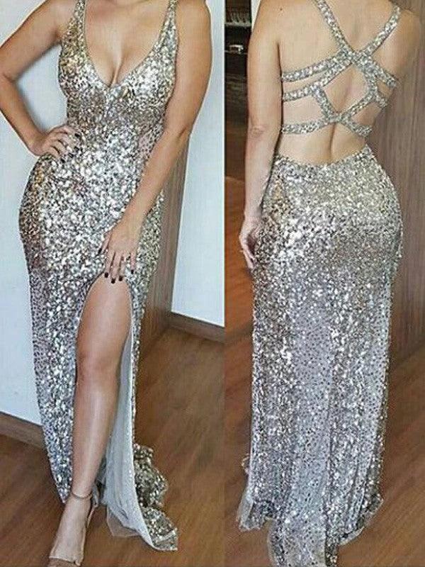 Sheath/Column Sleeveless V-neck Sequins Prom Dresses by misshow.com