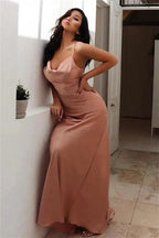 Sheath/Column Spaghetti Straps Satin Ruched Sleeveless Prom Dresses by misshow.com