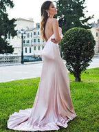 Sheath/Column Spaghetti Straps Silk like Satin Sleeveless Prom Dresses by misshow.com