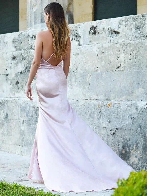 Sheath/Column Spaghetti Straps Silk like Satin Sleeveless Prom Dresses by misshow.com