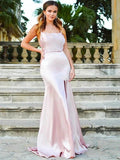 Sheath/Column Spaghetti Straps Silk like Satin Sleeveless Prom Dresses by misshow.com