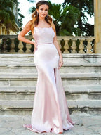 Sheath/Column Spaghetti Straps Silk like Satin Sleeveless Prom Dresses by misshow.com