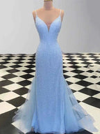 Sheath/Column Spaghetti Straps Sleeveless Tulle Sequin Prom Dresses by misshow.com