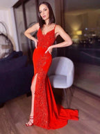 Sheath/Column Stretch Crepe V-neck Sleeveless Sequin Prom Dresses by misshow.com