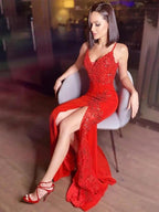 Sheath/Column Stretch Crepe V-neck Sleeveless Sequin Prom Dresses by misshow.com