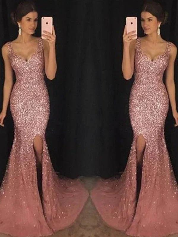 Sheath/Column Sweetheart Sleeveless Sequin Tulle Prom Dresses by misshow.com