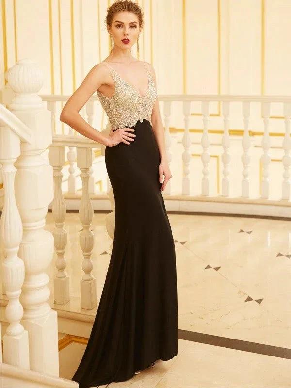 Sheath/Column V-neck Beading Sleeveless Spandex Prom Dresses by misshow.com