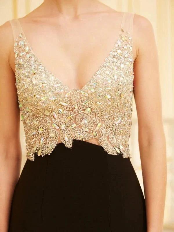Sheath/Column V-neck Beading Sleeveless Spandex Prom Dresses by misshow.com