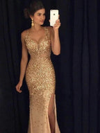 Sheath/Column V-neck Sequin Sleeveless Jersey Prom Dresses by misshow.com