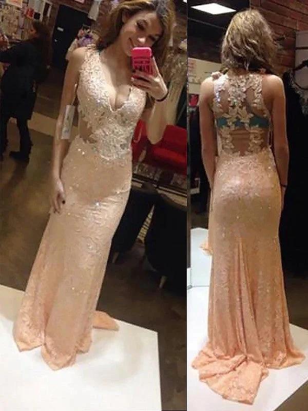 Sheath/Column V-neck Sleeveless Applique Satin Prom Dresses by misshow.com
