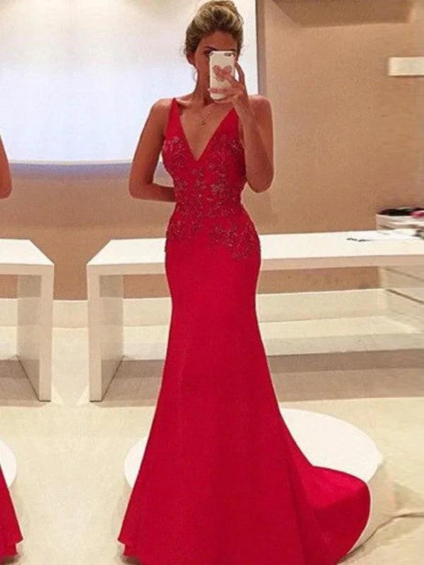 Sheath/Column V-Neck Sleeveless Applique Stretch Crepe Prom Dresses by misshow.com