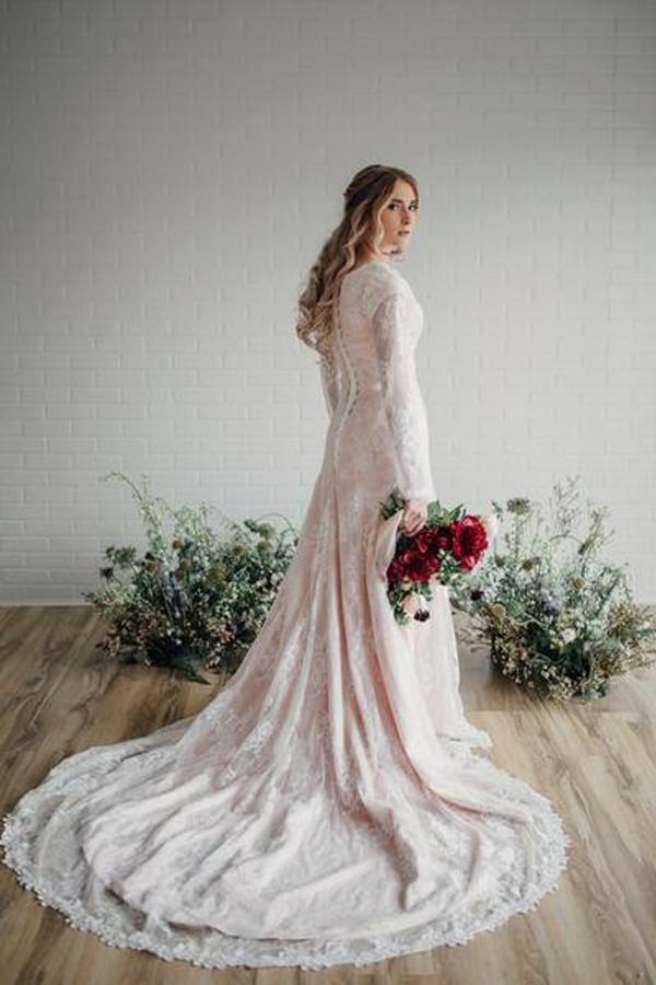 Sheer Long Sleeves Lace Modest Bride Dress Wedding Gown WD530 Main Image