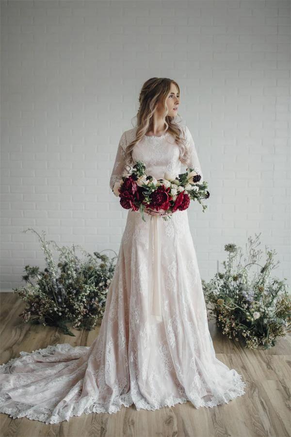 Sheer Long Sleeves Lace Modest Bride Dress Wedding Gown WD530 by pgmdress