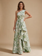 Jacquard A-Line/Princess One Shoulder Floor-Length Evening Dresses with Ruffles - Pink Green