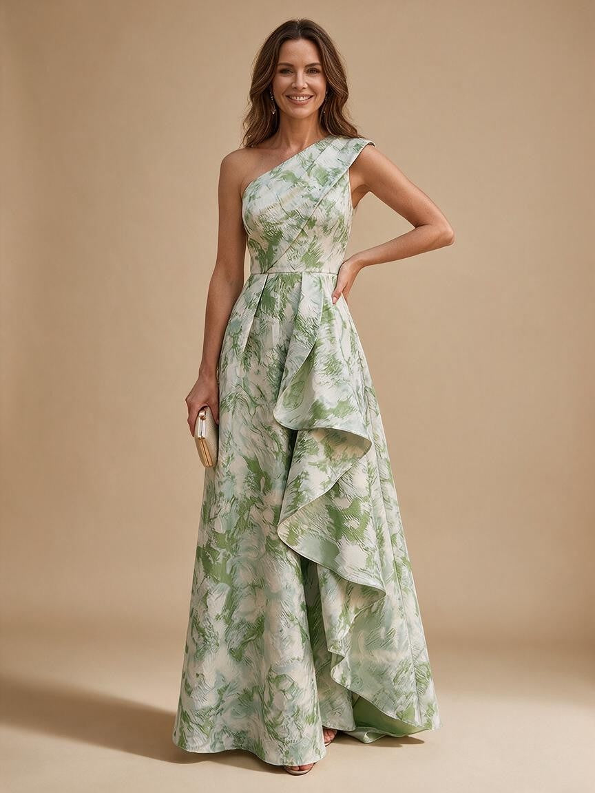 Jacquard A-Line/Princess One Shoulder Floor-Length Evening Dresses with Ruffles - Pink Green