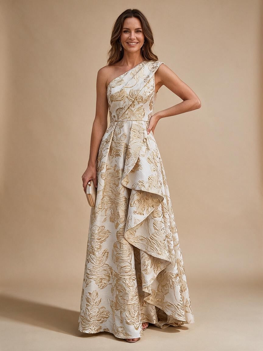 Jacquard A-Line/Princess One Shoulder Floor-Length Evening Dresses with Ruffles - Champagne