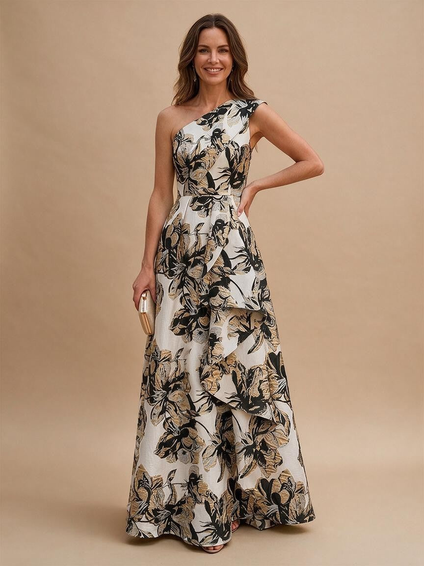 Jacquard A-Line/Princess One Shoulder Floor-Length Evening Dresses with Ruffles - Black