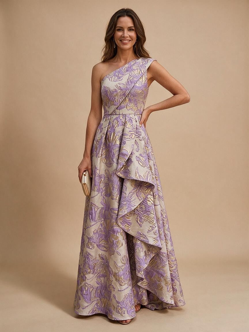 Jacquard A-Line/Princess One Shoulder Floor-Length Evening Dresses with Ruffles - Lilac