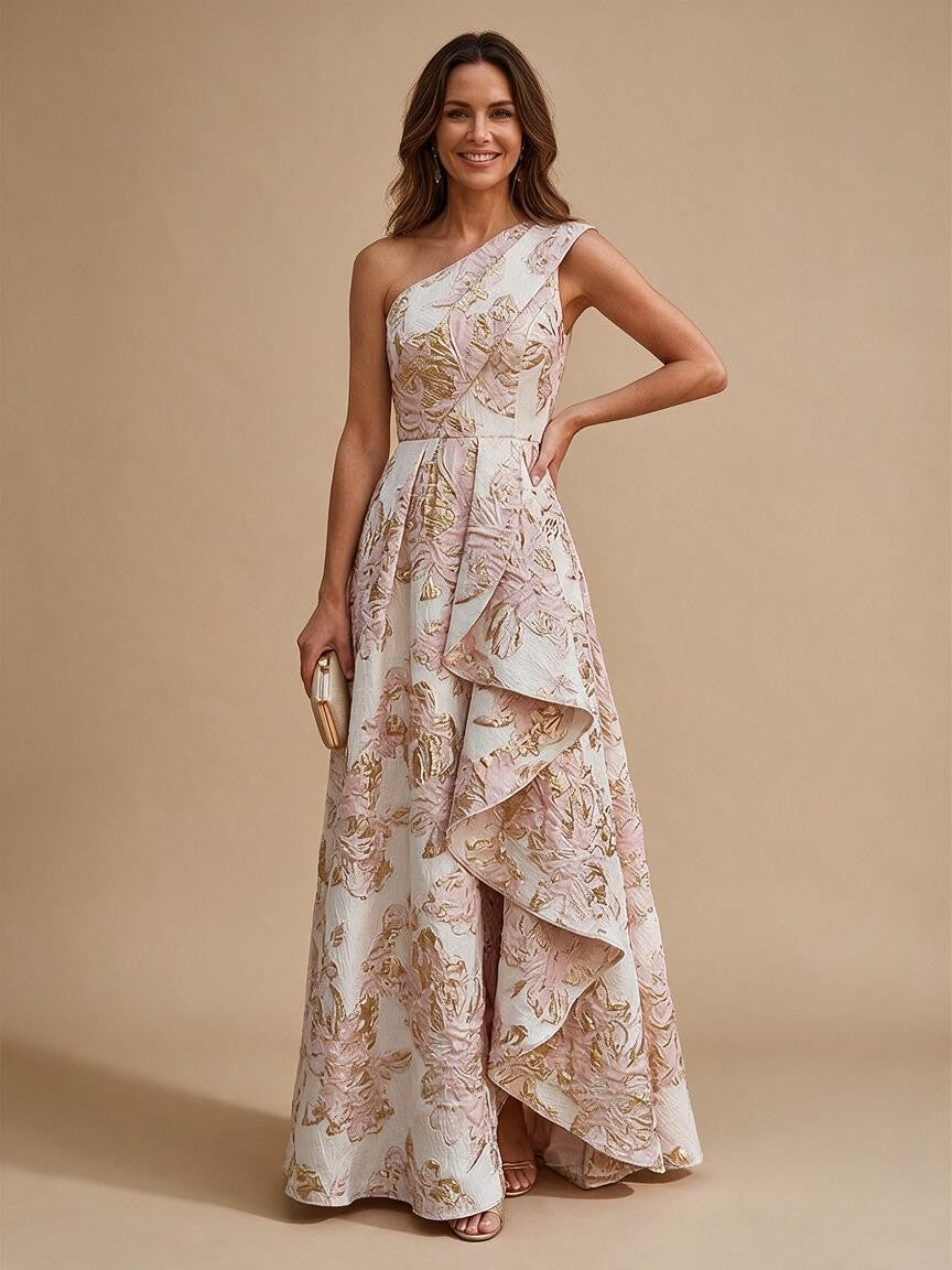 Jacquard A-Line/Princess One Shoulder Floor-Length Evening Dresses with Ruffles - Blush Pink