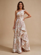 Jacquard A-Line/Princess One Shoulder Floor-Length Evening Dresses with Ruffles - Blush Pink