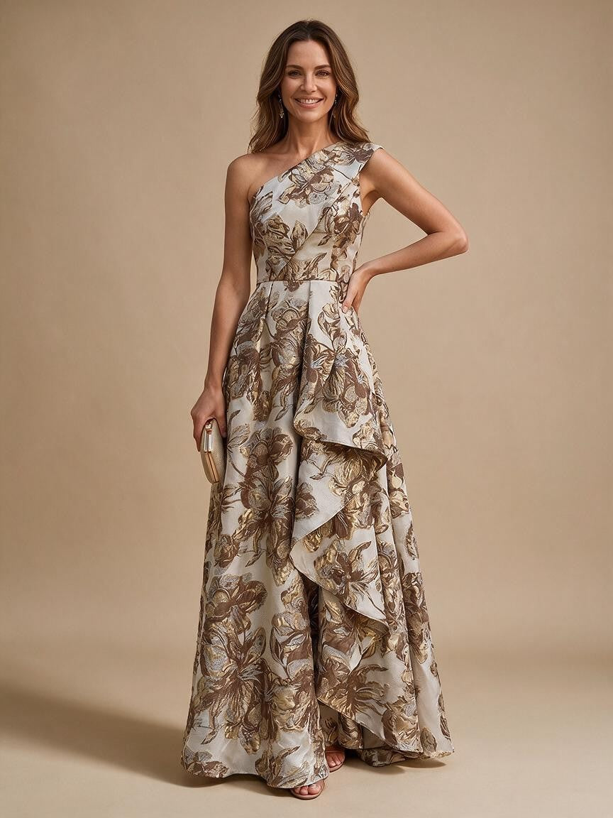 Jacquard A-Line/Princess One Shoulder Floor-Length Evening Dresses with Ruffles - Brown