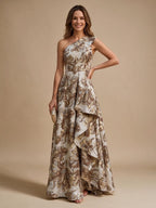 Jacquard A-Line/Princess One Shoulder Floor-Length Evening Dresses with Ruffles - Brown