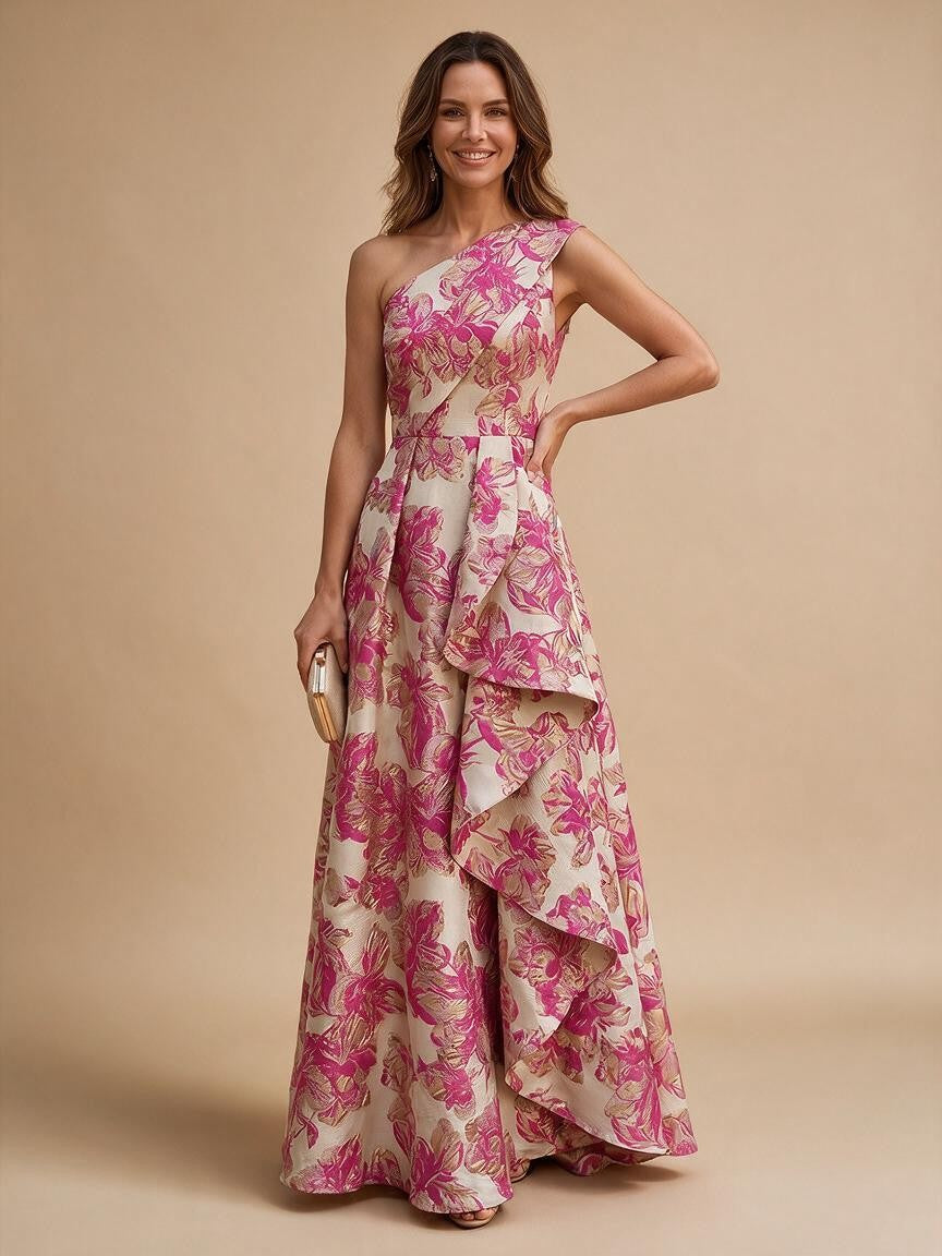Jacquard A-Line/Princess One Shoulder Floor-Length Evening Dresses with Ruffles - Fuchsia