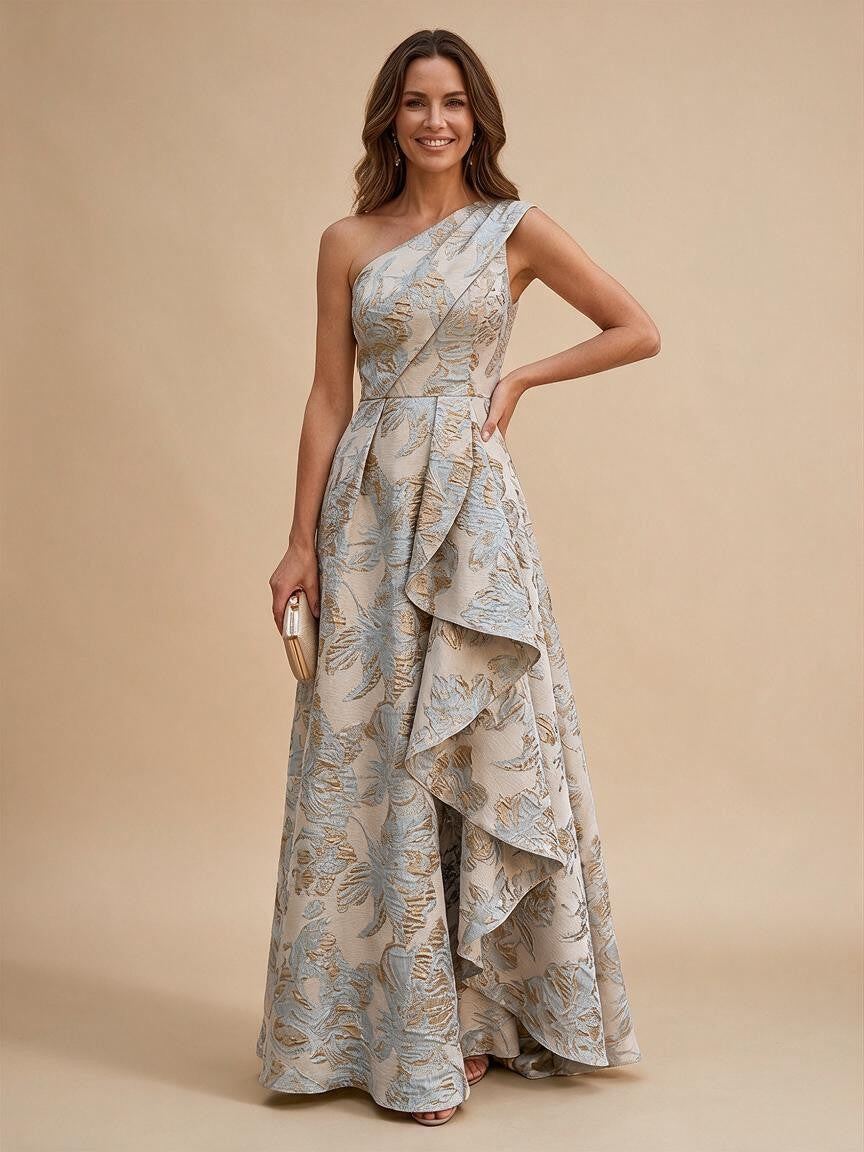 Jacquard A-Line/Princess One Shoulder Floor-Length Evening Dresses with Ruffles - Light Blue