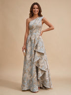 Jacquard A-Line/Princess One Shoulder Floor-Length Evening Dresses with Ruffles - Light Blue