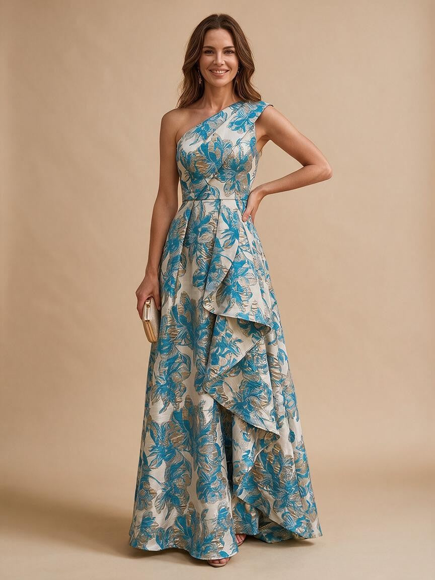Jacquard A-Line/Princess One Shoulder Floor-Length Evening Dresses with Ruffles - Blue
