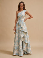 Jacquard A-Line/Princess One Shoulder Floor-Length Evening Dresses with Ruffles - Sky Blue