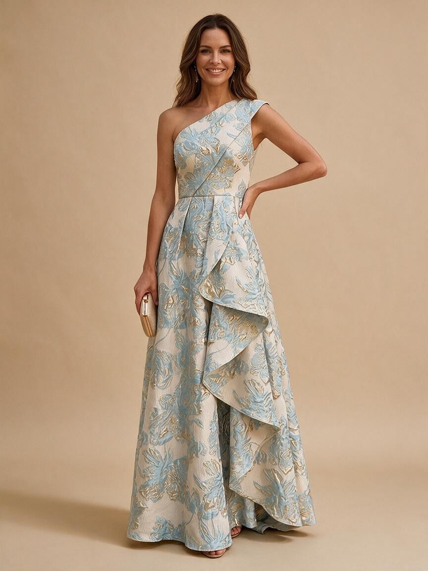 Jacquard A-Line/Princess One Shoulder Floor-Length Evening Dresses with Ruffles - Sky Blue