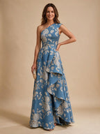 Jacquard A-Line/Princess One Shoulder Floor-Length Evening Dresses with Ruffles - Ocean Blue