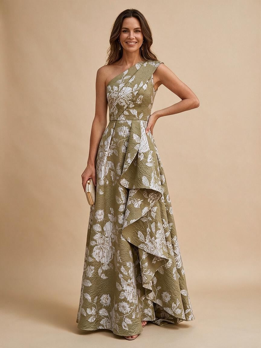 Jacquard A-Line/Princess One Shoulder Floor-Length Evening Dresses with Ruffles - Olive Green