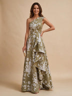 Jacquard A-Line/Princess One Shoulder Floor-Length Evening Dresses with Ruffles - Olive Green