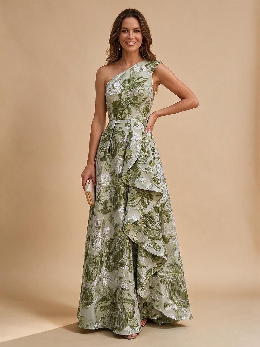 Jacquard A-Line/Princess One Shoulder Floor-Length Evening Dresses with Ruffles - Green