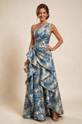 Floral Print One Shoulder A-Line Evening Gown - Blue Floral, Front View