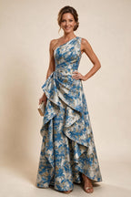 Floral Print One Shoulder A-Line Evening Gown - Blue Floral, Front View