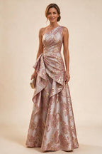 Floral Print One Shoulder A-Line Evening Gown - Dusty Rose, Front View