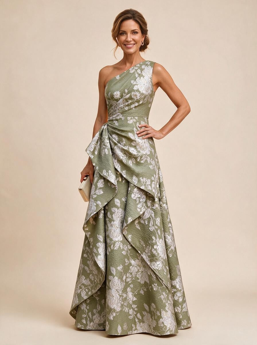 Floral Print One Shoulder A-Line Evening Gown - Sage, Front View