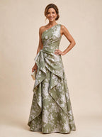 Floral Print One Shoulder A-Line Evening Gown - Sage, Front View