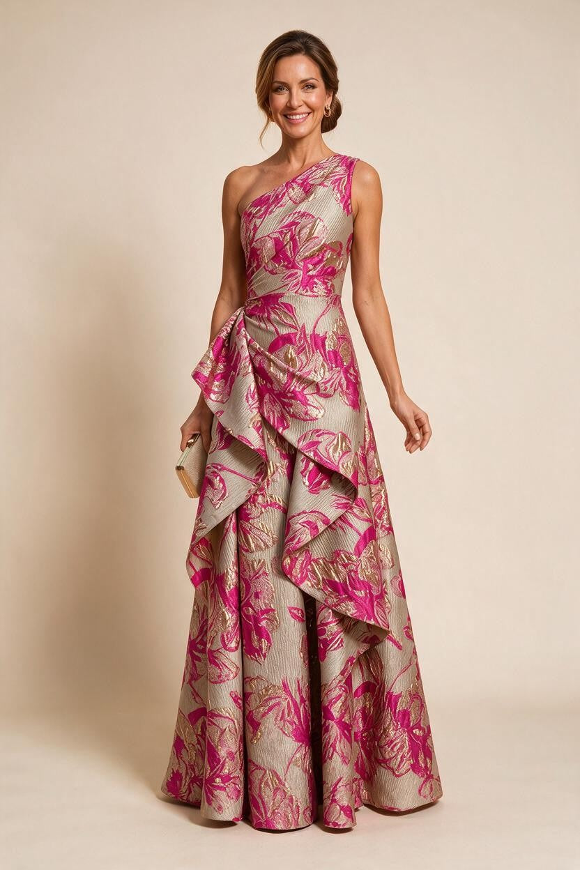 Floral Print One Shoulder A-Line Evening Gown - Fuchsia, Front View