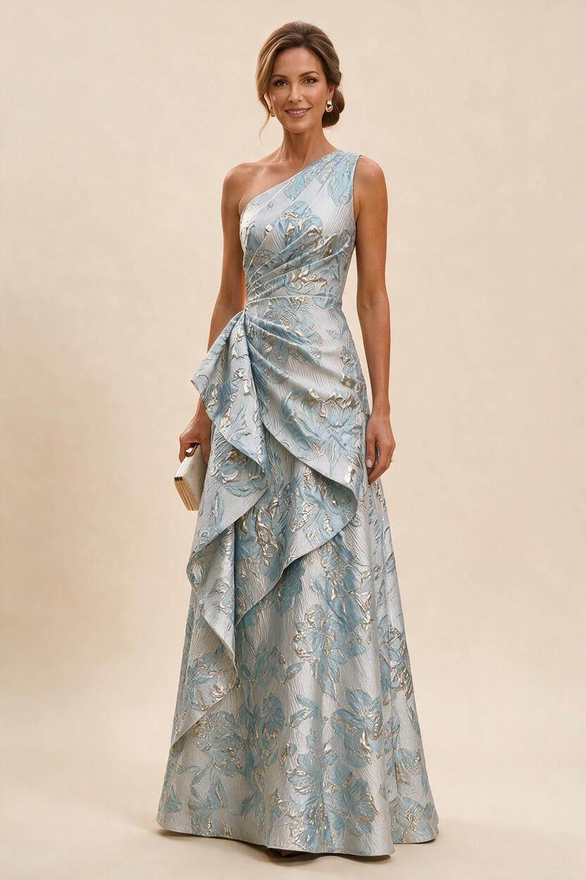 Floral Print One Shoulder A-Line Evening Gown - Light Blue, Front View