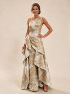 Floral Print One Shoulder A-Line Evening Gown - Champagne, Front View