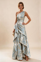 Floral Print One Shoulder A-Line Evening Gown - Light Blue, Front View