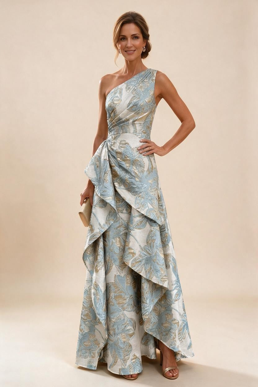 Floral Print One Shoulder A-Line Evening Gown - Light Blue, Front View